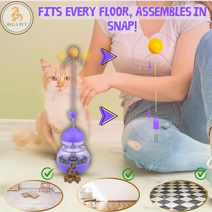 Cat Treat Toy for Indoor Cats - 16.3 '' Cat Interactive & Wand Toy for Bored Adult & Kitten Puzzle Slow Feeder Training Bowl Food Dispenser Track Balls - Christmas & Birthday Gifts (Purple)