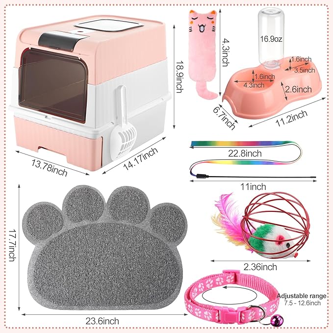 Tioncy 7 Pcs Small Cat Kitten Starter Kit Cat Litter Box with Shovel Cat Paw Litter Mat Double Automatic Cat Bowls Cat Toy Teaser Stick Cat Collar Essentials Kits for 1-3 Lbs Beginner (Pink)