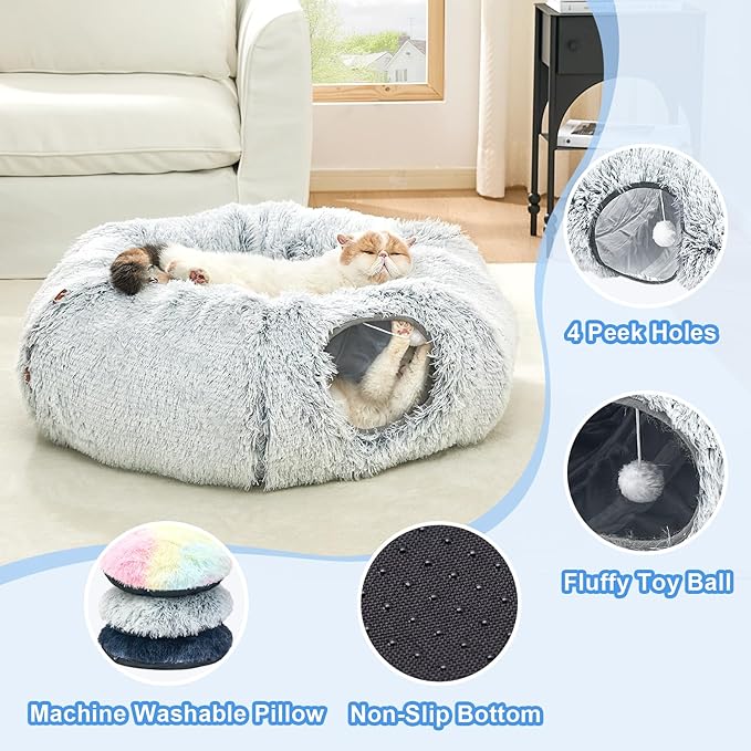 JIUPETY Cat Tunnel Bed with Soft Plush Mat, Collapsible Tube Playground, Cat Toy Tunnel for Indoor Cats, Kitten, Rabbit, Ferret, Fluffy Plush Material, Includes Dangling Balls, Light Grey