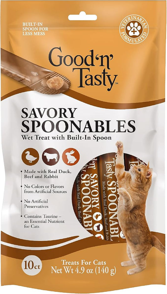 Good ‘n’ Tasty Savory Spoonables with Real Duck, Beef & Rabbit, 10 Count Tube, Triple Flavor Squeezable Lickable Wet Treats for Cats with Built-in Spoon for Less Mess