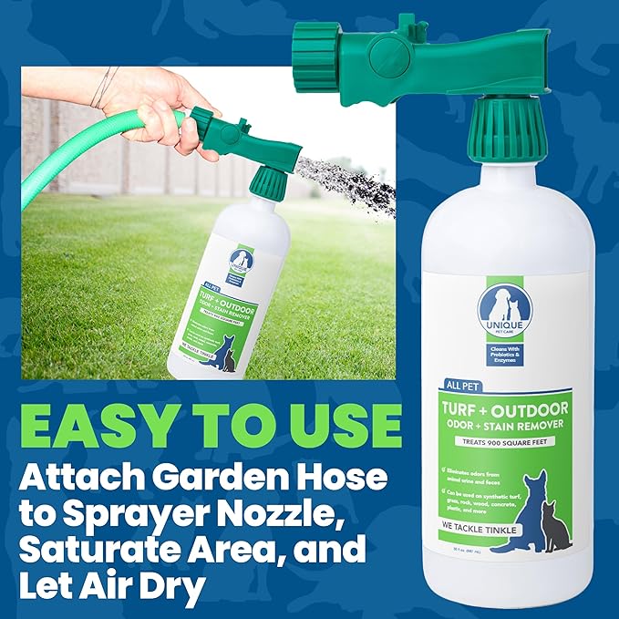 Unique Turf & Outdoor Odor and Stain Remover with Hose-Connector Bottle, Outdoor Pet Odor Eliminator, Removes Animal Odors and Stains from Yard, Grass, Other Outdoor Spaces, 30 oz. Liquid Concentrate