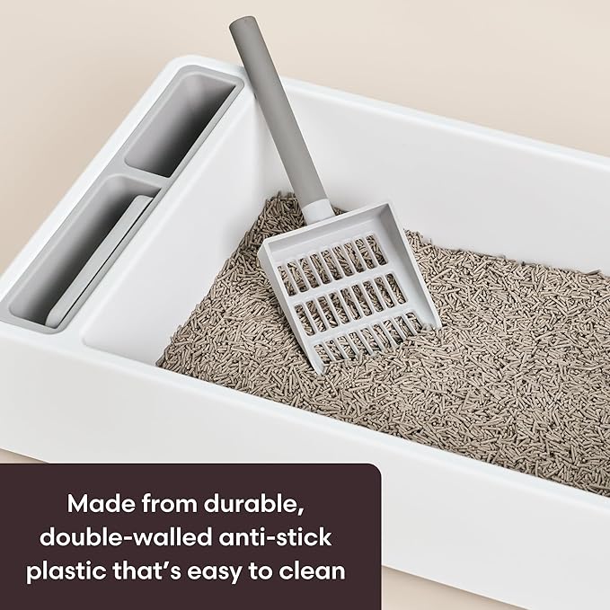 Cove Litter Box, High Sided Open Top Designer Litter Box for Large Cats, Built-in Scoop, Brush & Dustpan, Anti-Stick Plastic, Privacy Walls - White/Gray