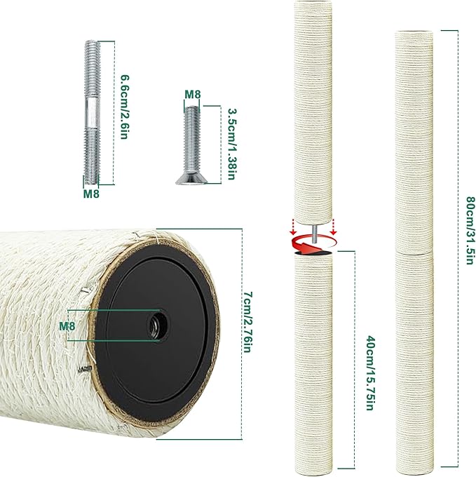 Cat Scratching Post Replacement Pole,2 PCS 15.7in Cat Tree Replacement Post,Natural Sisal Cat Tree Replacement Parts with M8 Screws,Cat Scratch Post Replacement for Refurbishment (15.7in/40cm)