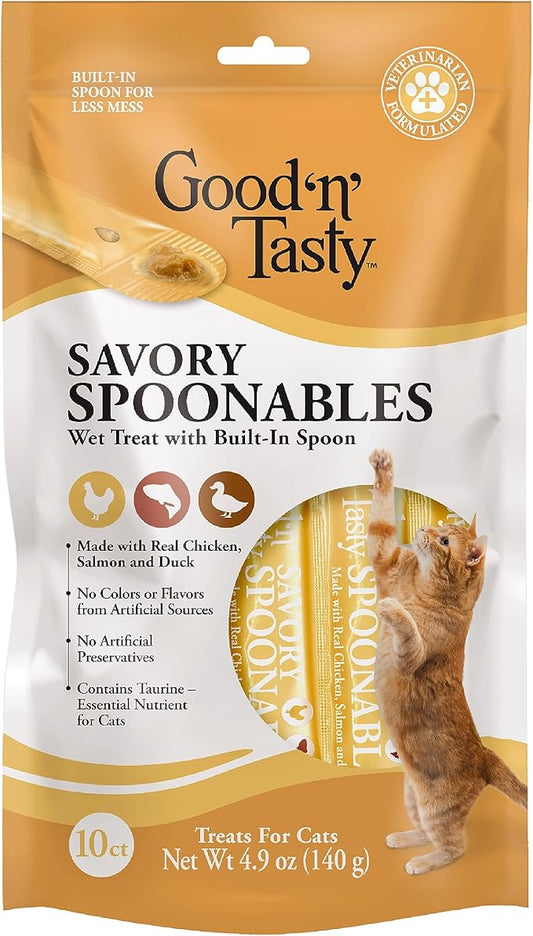 Good ‘n’ Tasty Savory Spoonables with Real Chicken, Salmon & Duck, 10 Count Tube, Triple Flavor Squeezable Lickable Wet Treats for Cats with Built-in Spoon for Less Mess
