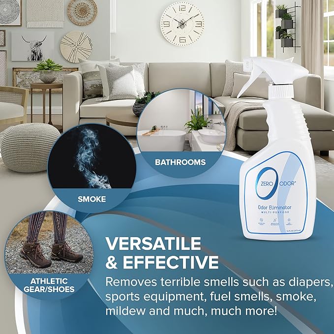 Zero Odor – Multi-Purpose Odor Eliminator - Air & Surface Odor – Patented Technology for Bathroom, Kitchen, Fabric, Closet- Smell Great Again, 16oz