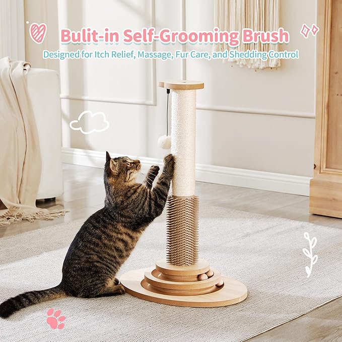 Made4Pets 23" Tall Sisal Cat Scratcher Post with Self Groomer, 4-in-1 Interactive Trackball Toys, Vertical Climbing Tree with Dangling Balls