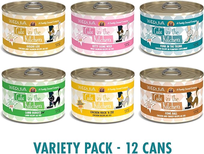 Weruva Cats in The Kitchen Grain-Free Wet Canned Cat Food 6 Flavor Variety Pack of 12 Cans, 6 Ounces Each