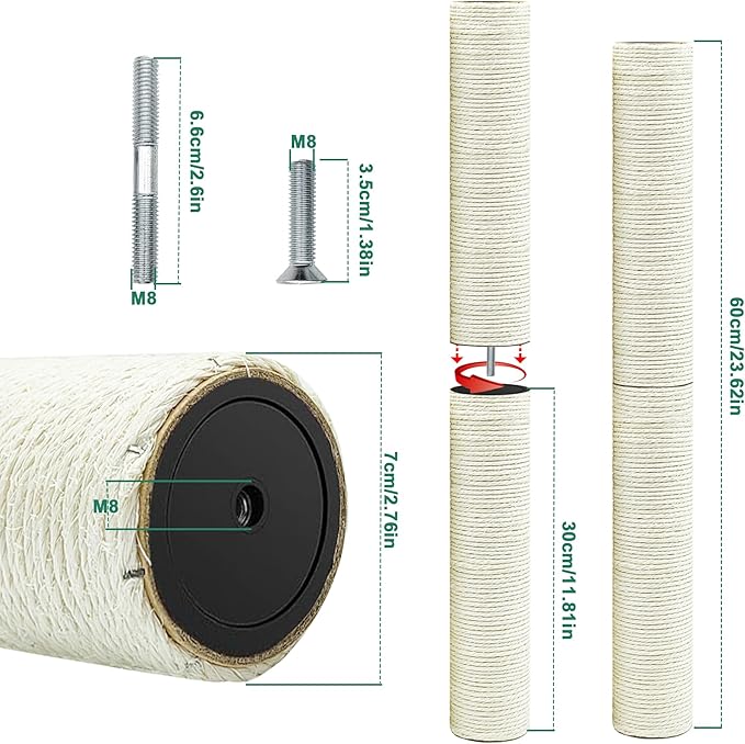 Cat Scratching Post Replacement Pole,4 PCS 11.81in Cat Tree Replacement Post,Natural Sisal Cat Tree Replacement Parts with M8 Screws,Cat Scratch Post Replacement for Refurbishment