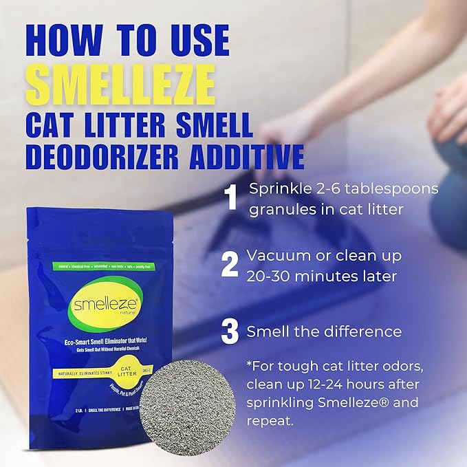 SMELLEZE Natural Cat Litter Smell Eliminator Deodorizer Additive: 2 lb. Rids Strong Urine & Poop Stench. Change Kitty Box Litter Less. Safe for Cats. Unscented