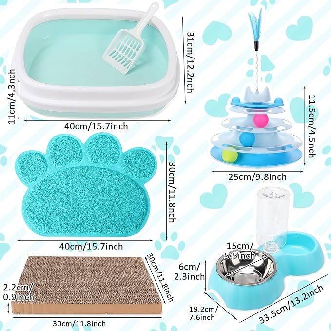 5 Pcs Small Cat Kitten Starter Kit Include Cat Litter Box with Shovel Cat Paw Litter Mat Scratch Pad Automatic Cat Bowls Turntable Cat Toys Balls Cat Essentials Kits for Cats Life(Blue)