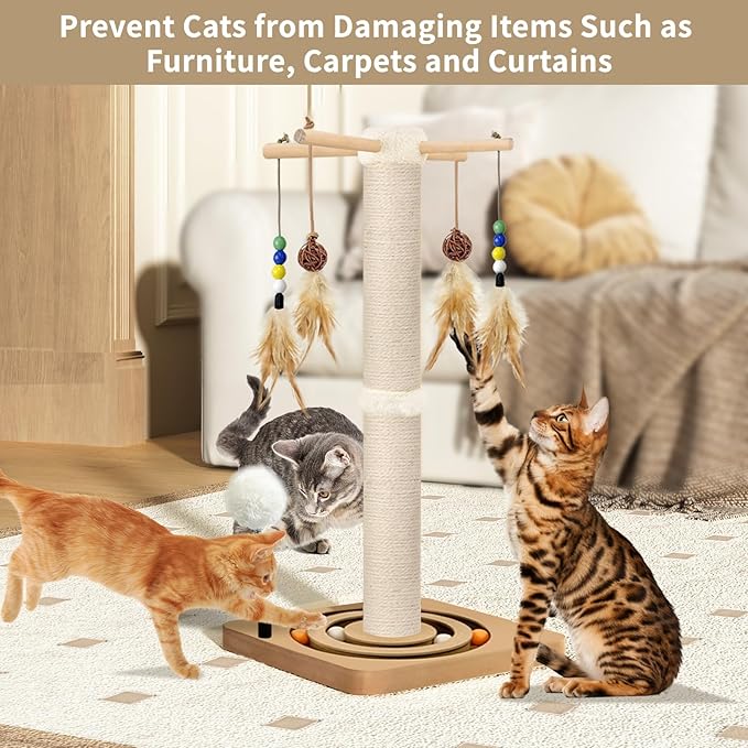 Cat Scratching Post, Sisal Scratching Posts for Indoor Cats Adults, 2 Mounting Methods Cat Scratcher with Hanging Ball and Interactive Toys for Kitten Cats, 25 inches