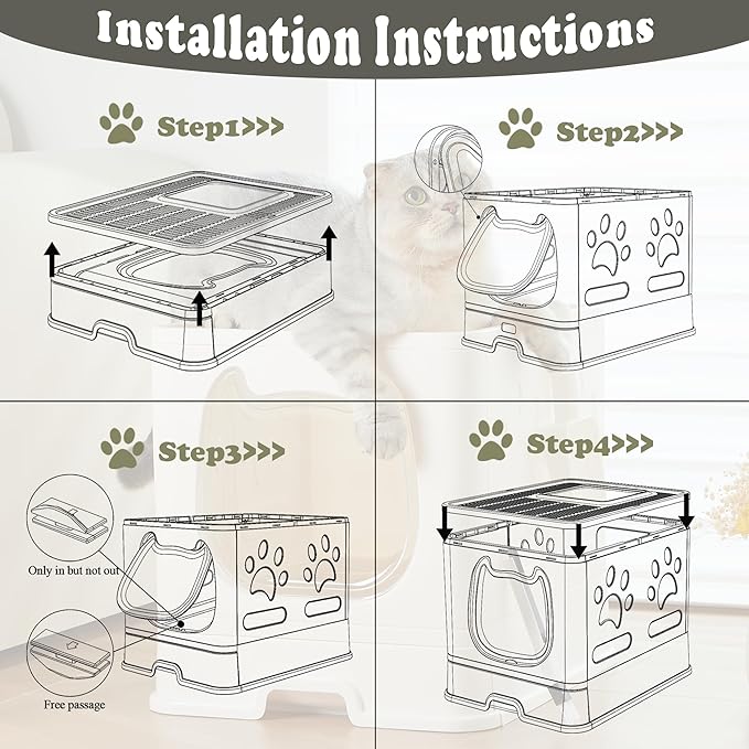 Vealind Covered Cat Litter Box with Sifting Lid, Kitty Litter Box Enclosure, Top Entry Enclosed Litter Box with Litter Scooper and Brush, Easy Clean Hooded Travel Litter Box for Cats, Beige Litter Box
