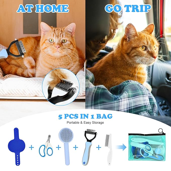 Cat Grooming Brushes, 5pcs Puppy Brush Kit for Grooming, Pet Grooming Kit, Cat Brushes, Cat Nail Clipper, Bath Brush, Comb, Dog Brush for Shedding, Cat Supplies for Short & Long Haired Cats