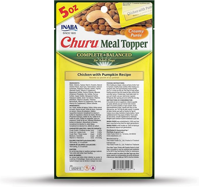 INABA Churu Meal Topper for Dogs, Complete & Balanced, Creamy, Lickable Purée Dog Food Toppers, 1.69 Ounce Tube, 9 Tubes (3 per Pack), Chicken with Pumpkin Recipe