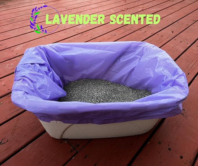 Cat Litter Box Liners Drawstring (30 Bags) Lavender Scented 37" x 17" Large Scratch Resistant Extra Heavy 2 Mil Litter Tray Cat Box Liner Bags (Purple, 30 ct.)