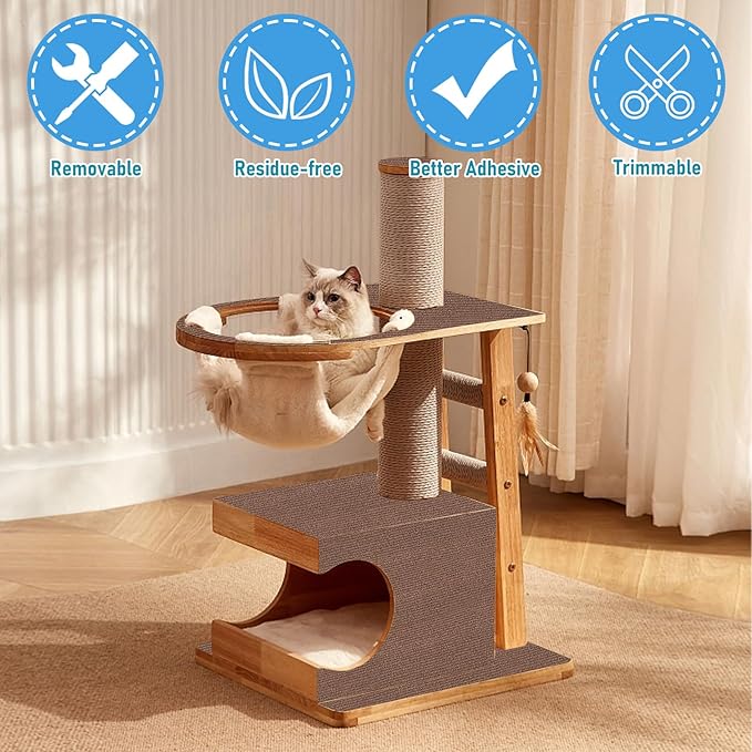 Trimmable Cat Scratching Post Carpet Covered 78.7”x15.8” Self-Adhesive Cat Tree Shelves Replacement Parts Mat Cat Scratcher Mat for Cat Shelf Steps Couch Furniture DIY Protector(Beige)