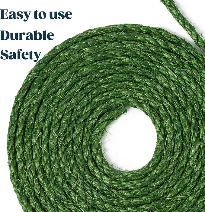 Natural Sisal Rope for Cat Scratcher 1/4 Inch by 50 Feet, Cat Tree Rope Twine for Cat Scratching Post Replacement, Cat Tower with Scratch Post Repairing, Replace, Recovering and DIY, Green