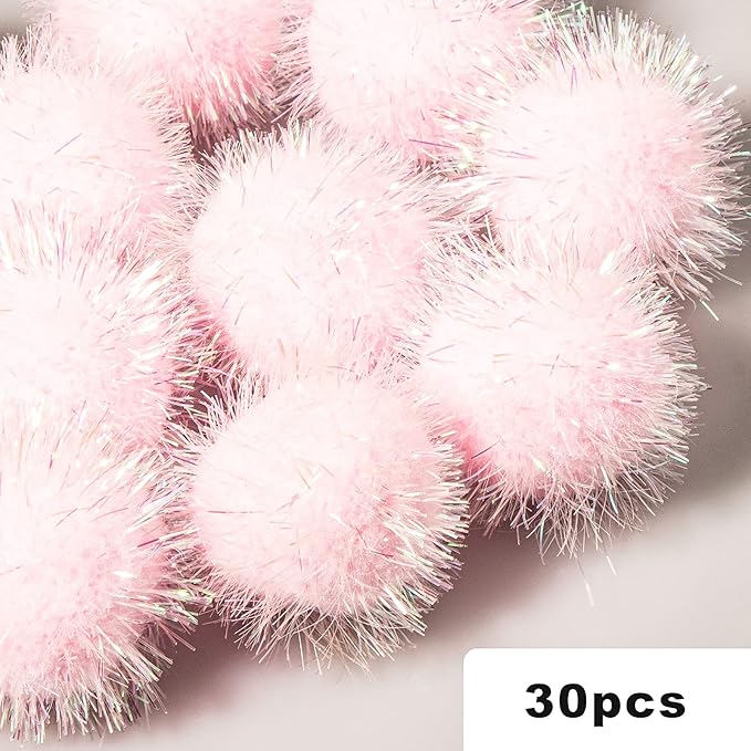 VAPKER 30 Pcs Cat Ball Toys Sparkle Balls Extra Large 2 Inch Cat's Favorite Chase Glitter Ball Glitter Tinsel Pom Poms Balls Light Pink Color