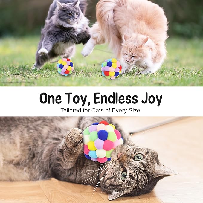 Vila Fuzzy Balls with Bells for Cats, Chewing and Enrichment Tool, Multi-Color Soft Plush, Small (2”), Medium (2.5”), Large (3”), 3 Pieces Per Pack