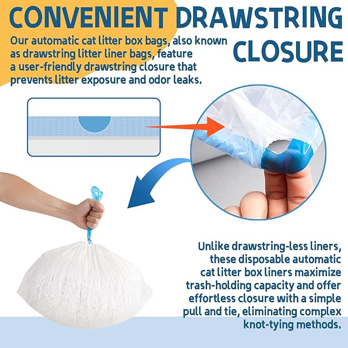 TonGass (6 Rolls, 120-Pack, 21.45" x 11.7") Drawstring Litter Liner Bags Disposable Portable Cat Litter Waste Receptacles Bags Compatible with PETKIT PuraX PuraMax Self-Cleaning Cat Litter Box