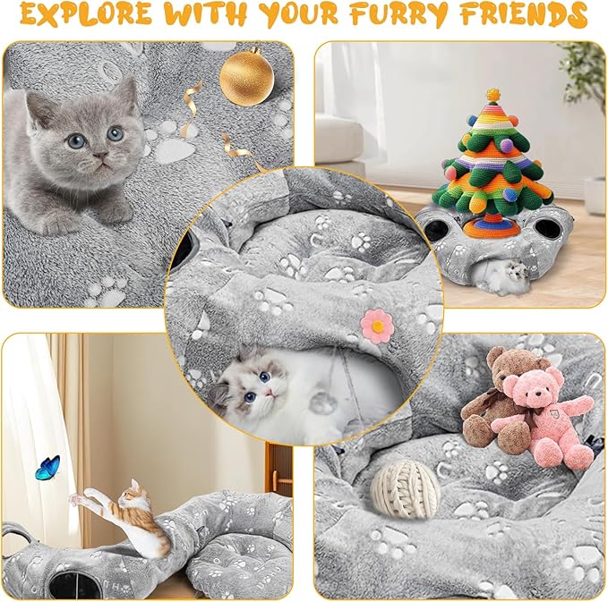 Lahas Cat Tunnels Bed for Indoor Cats - Donut Tubes Adjustable Shape, Washable Circle Cushion, Pet Play Balls and Holes, Self-Luminous Cat Toys