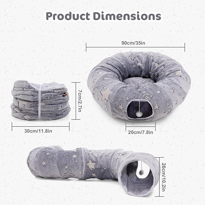 Cat Tunnel Bed 3 FT Collapsible Cat Tunnels, Cat Donut Tube with Fluffy Toy Balls, Pom Pom Ball & Cat Mice Cat Toy, Self-Luminous Peekaboo Cat Cave for Large Cats, Small Animals, Puppy, Kitten