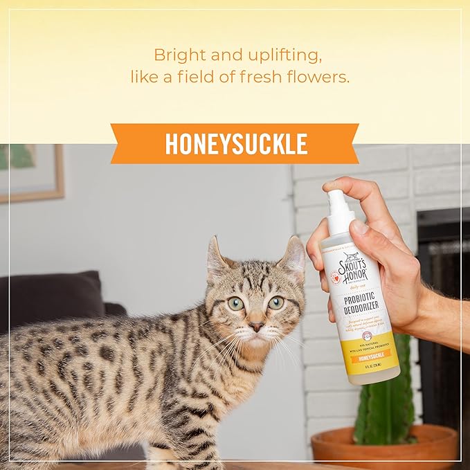 SKOUT'S HONOR Cat Deodorizer Spray- Hydrating Daily-Use with Avocado Oil & Omega-3s, Paraben & Sulfate-Free, 97% Natural, 8oz, Honesuckle