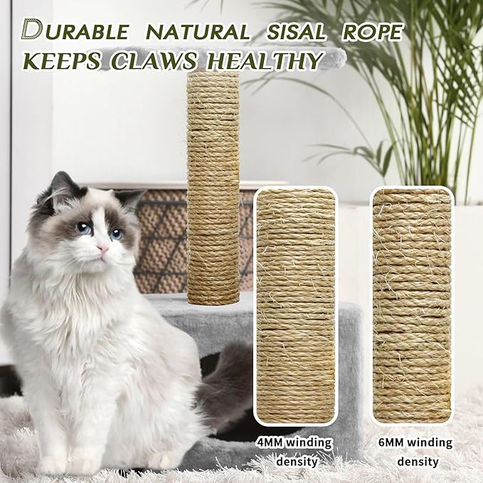 Natural Sisal Rope 1/4 Inch by 49-Feet for Cat Scratching Post Tree Tower Replacement Repair and Replace, DIY Hemp Twine Rope for Kittens Shelves Furniture Window Bed Perch Climbing, 6mm by 15m