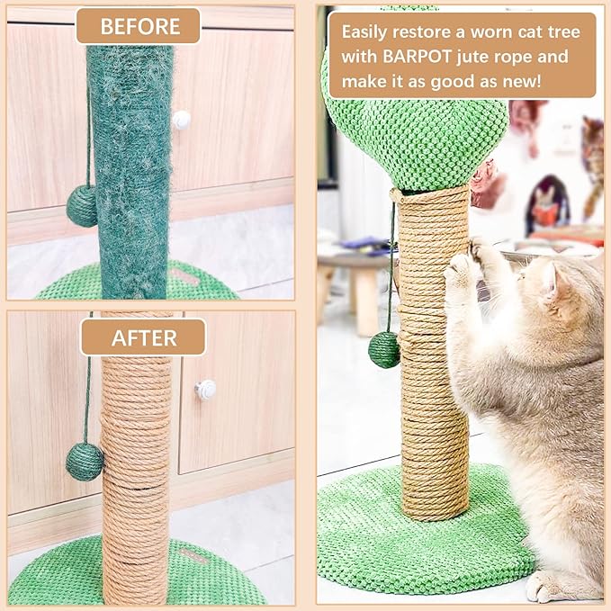 Cat Scratcher Replacement Rope - KDAOQN 1/4 inch Natural Hemp Rope, Rope for Cat Scratching Post, Cat Tower Repair Rope Cat Tree Rope Replacement, Odorless Jute Twine Rope (33FT)