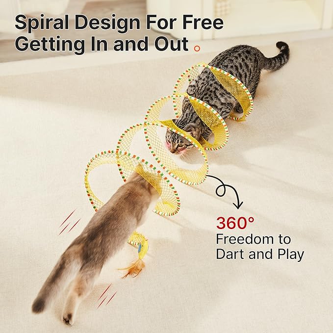Potaroma Cat Tunnel Toy, Self Play Spiral Cat Play Kitten Tunnel Toy, Collapsible Tunnel Toy for Indoor Cats with Feather and Bell, 18 Inches Unfolded