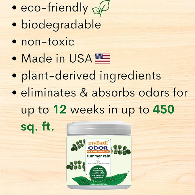 Odor Eliminator Essential Oil Gel 15 oz - Air Freshener - Eliminates Odors in Bathroom, Pet Area, Closets, RVs, Pet Areas (Summer Rain, 2 Pack)