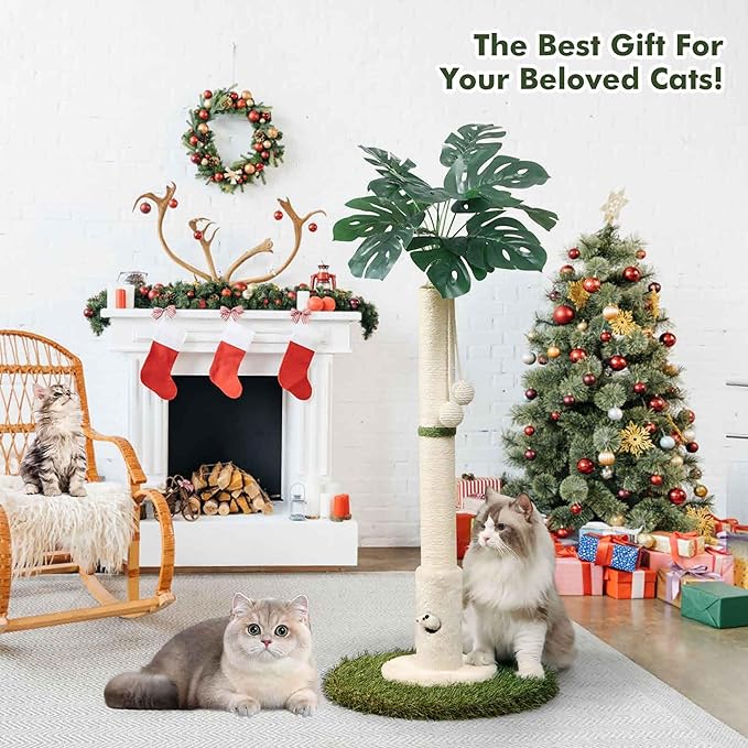 Cat Scratching Posts Cat Trees 35.43" Tall with Sisal Rope Cat Toy and Hanging Ball for Indoor,Wooden Palm Tree Cat Scratch Pole for All Cat(White