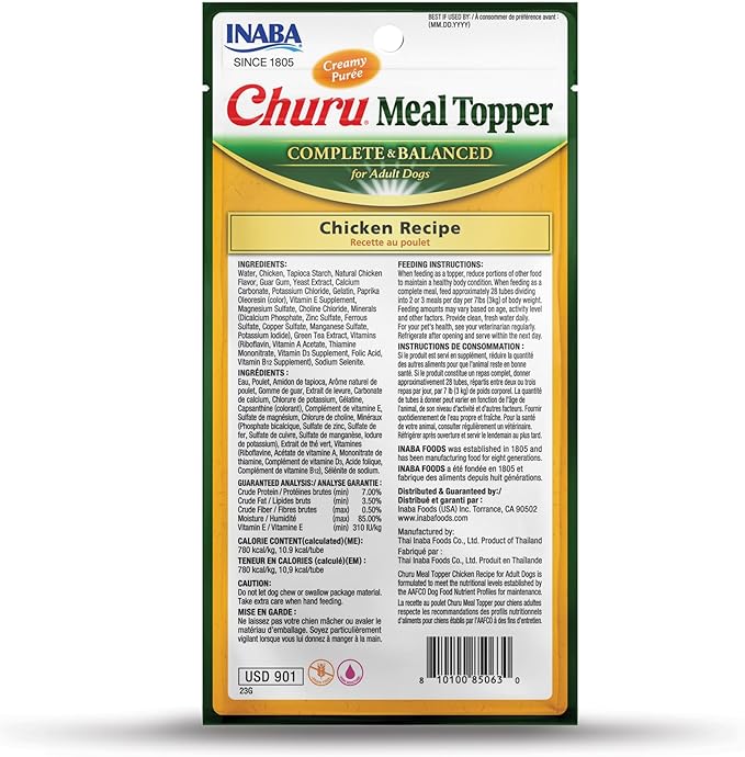 INABA Churu Meal Topper for Dogs, Complete & Balance, Creamy, Lickable Purée Dog Food Topper, 0.5 Ounce Tube, 24 Tubes (4 per Pack), Chicken Recipe