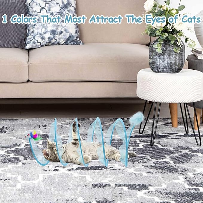 1PCS Folded Cat Tunnel Toy, Cat Tunnel Mice Tube Cat Springs for Indoor with Feather, Mouse Toys Interactive Cat Toy Tunnel Self-Happy Cat Toys, S-Type Collapsible Tent Blue