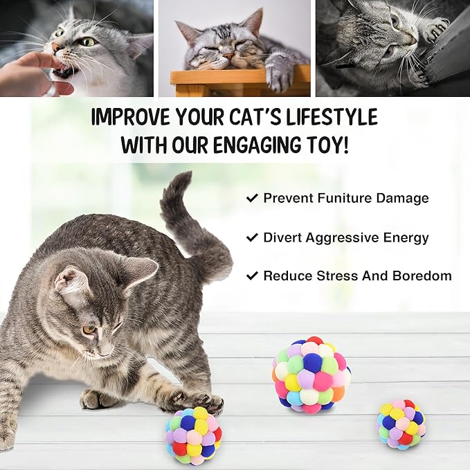 Vila Fuzzy Balls with Bells for Cats, Chewing and Enrichment Tool, Multi-Color Soft Plush, Small (2”), Medium (2.5”), Large (3”), 3 Pieces Per Pack