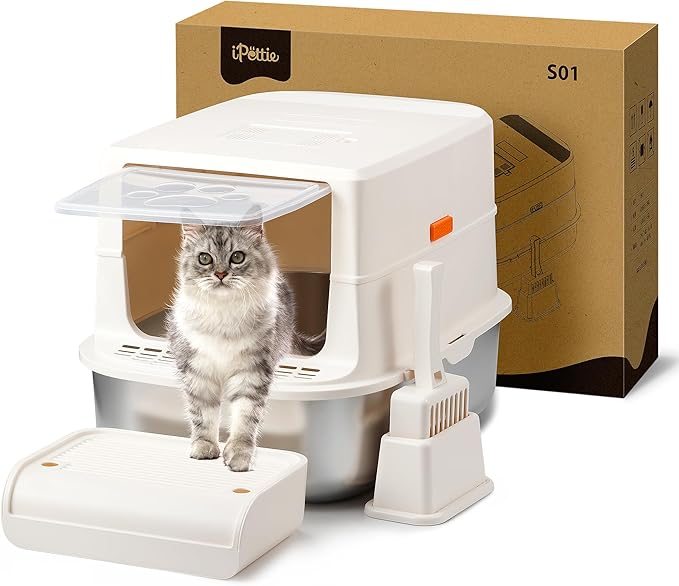 iPettie S01 20L Large Stainless Steel Litter Box, Odor-Reducing Smell Proof Charcoal Filter, Enclosed Litter Box with Cat Litter Scooper, Easy to Clean, Metal Litter Box with Lid