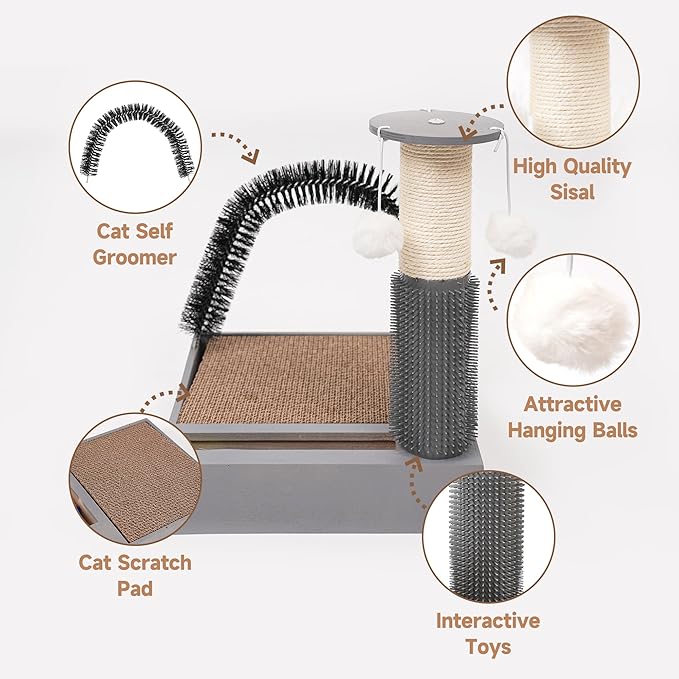Cat Scratching Post with Cat Tower Tree and Cats Arch Self Groomer Massager Brush Kitty Ball Toys for Kittens,Cat Posts and Scratchers for Indoor Pets,Interactive Toy with Ball Track Spring Ballā¦