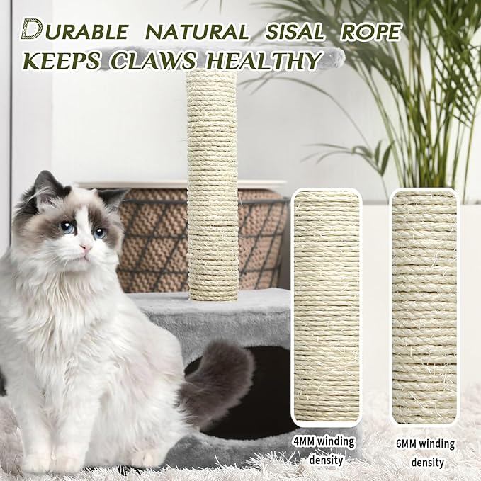 White Sisal Rope 1/4 Inch by 164-Feet for Cat Scratching Post Tree Tower Replacement Repair and Replace, DIY Hemp Twine for Kittens Shelves Furniture Window Bed Climbing Scratch Carpet, 6mm by 50m