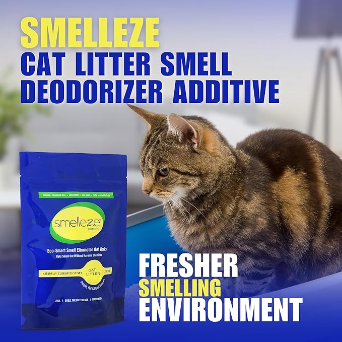 SMELLEZE Natural Cat Litter Smell Eliminator Deodorizer Additive: 2 lb. Rids Strong Urine & Poop Stench. Change Kitty Box Litter Less. Safe for Cats. Unscented