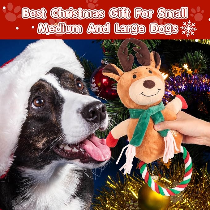 Squeaky Dog Toys - 1Pcs Christmas Elk Squeak Rope Chew Toy, Interactive Christmas Dog Toy Gifts for Small Medium and Large Breed