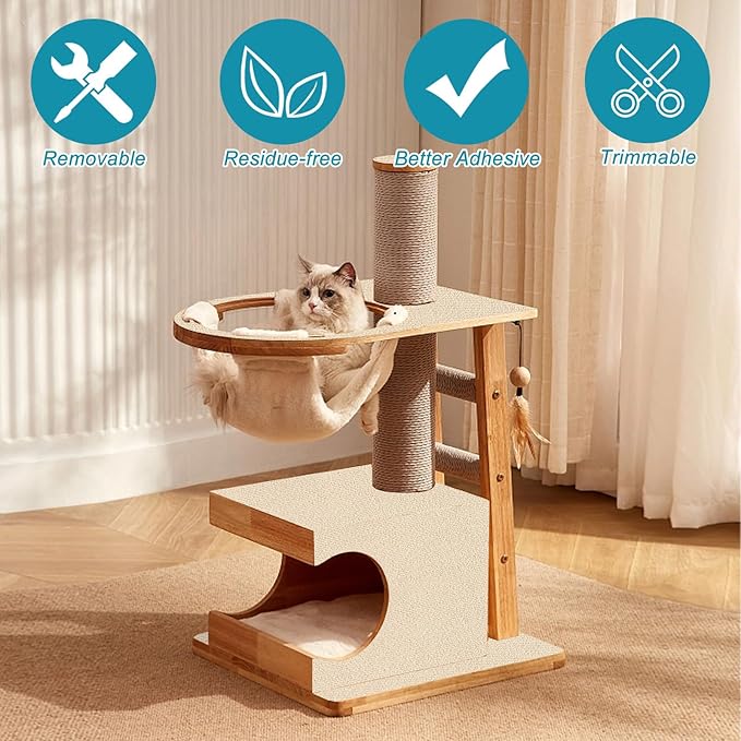Trimmable Cat Scratching Post Carpet Covered 78.7”x15.8” Self-Adhesive Cat Tree Shelves Replacement Parts Mat Cat Scratcher Mat for Cat Shelf Steps Couch Furniture DIY Protector(Beige)