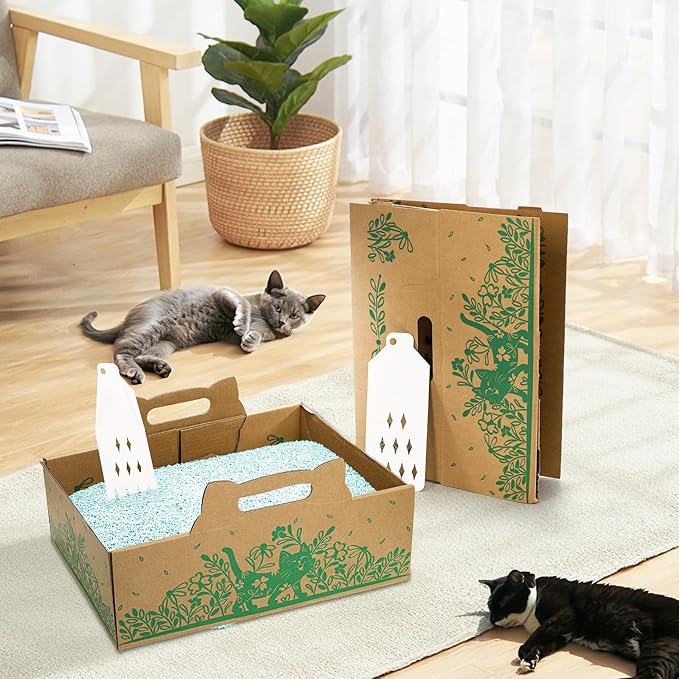 WUWEOT 8 Pack Disposable Cat Litter Boxes, Leakproof Double Layer Cardboard Cat Litter Pan, Foldable Portable Small Pet Liner Tray with Scoop for Travel, 15.8 x 11.7 x 5.8 Inch