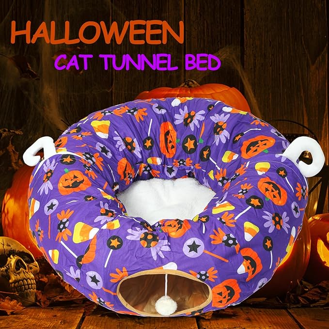 LUCKITTY Halloween Decorative Cat Tunnel Bed - 3FTx3FTx9.8IN - Purple Cat Toy Tunnel Bed Pumpkin and Candy Pattern- Perfect Cozy Hideaway for Small Animals