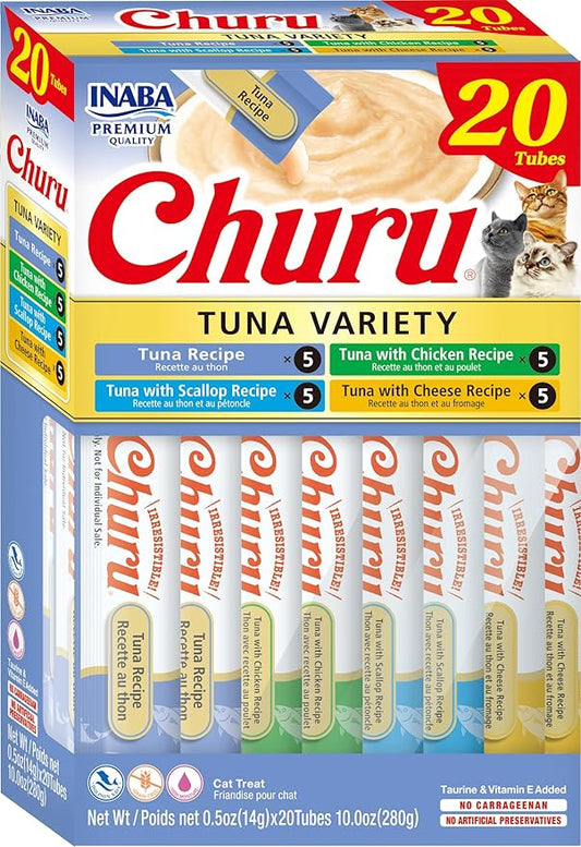 INABA Churu Cat Treats, Lickable, Squeezable Creamy Purée Cat Treat with Green Tea Extract & Taurine, 0.5 Ounces Each Tube, 20 Tubes, Tuna Variety Box