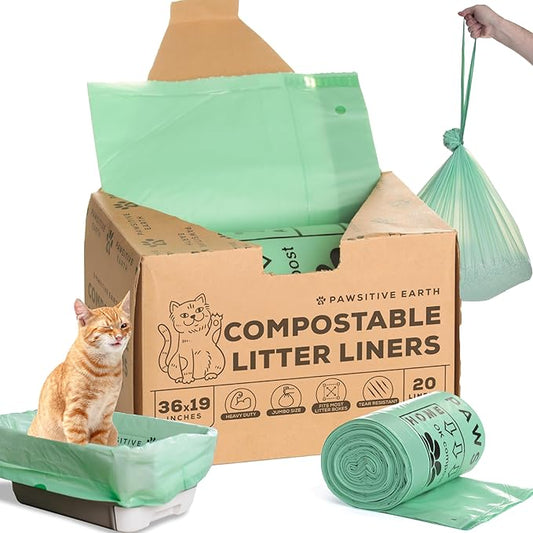 Cat Litter Box Liners 100% Compostable - Drawstring Close - 20 Count - Jumbo Size 36" x 19" - Tear & Leak Resistant - OK Compost Home Certified