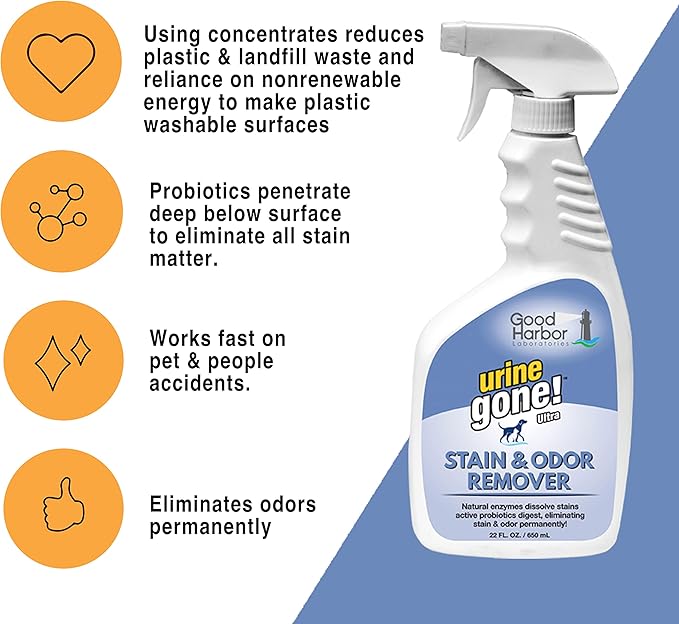 Urine Gone Stain & Odor Remover Concentrate: Fast-Acting, Natural Probiotic Enzymes, eliminate Stain & Odor on Carpet, Floor, & More. Helps Stop Pet Marking. Spray bottle + 3 fills. Makes 73.5 oz