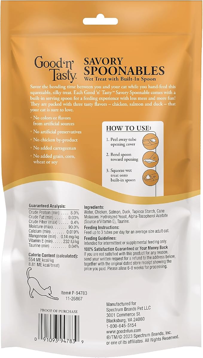 Good ‘n’ Tasty Savory Spoonables with Real Chicken, Salmon & Duck, 10 Count Tube, Triple Flavor Squeezable Lickable Wet Treats for Cats with Built-in Spoon for Less Mess