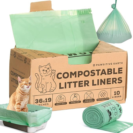 Cat Litter Box Liners 100% Compostable - Drawstring Close - 10 Count - Jumbo Size 36" x 19" - Tear & Leak Resistant - OK Compost Home Certified