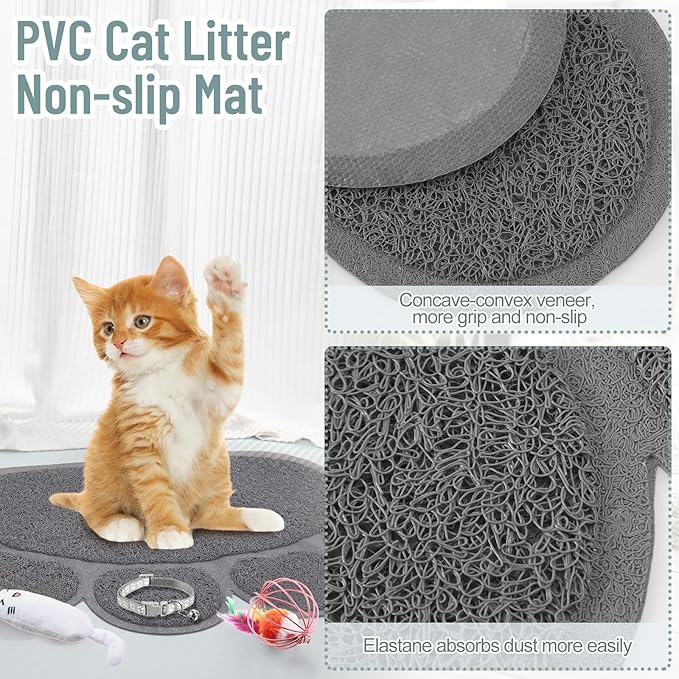 Tioncy 7 Pcs Small Cat Kitten Starter Kit Cat Litter Box with Shovel Cat Paw Litter Mat Double Automatic Cat Bowls Cat Toy Teaser Stick Cat Collar Essentials Kits for 1-3 Lbs Beginner (Gray)