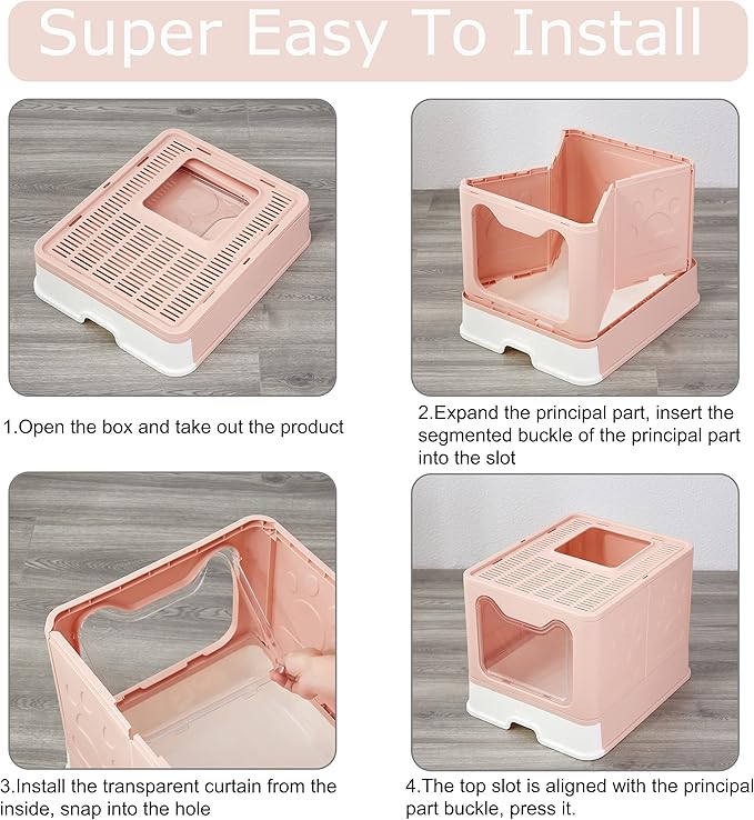 Suhaco Cat Litter Box with Lid Large Foldable Front Entry Top Exit Kitty Litter Box with Cat Litter Mat, Covered Kitten Litter Tray for Indoor Cats with Litter Scoop & Cleaning Brush Easy Clean (Pink)